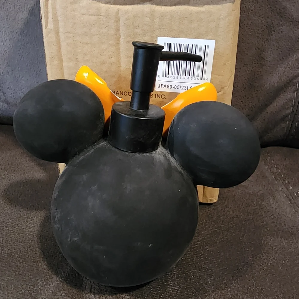 NWT Disney Minnie Mouse Black Soap Dispenser 6in Orange White Polka Dot Bow Pump
